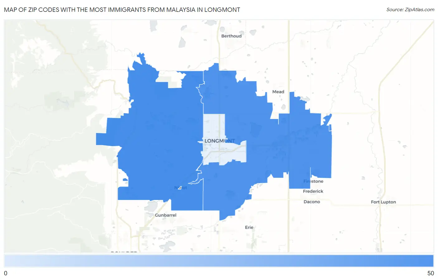 Zip Codes with the Most Immigrants from Malaysia in Longmont Map