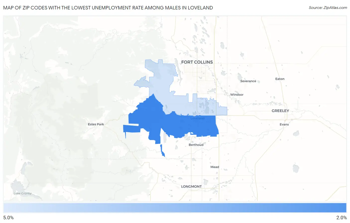 Zip Codes with the Lowest Unemployment Rate Among Males in Loveland Map