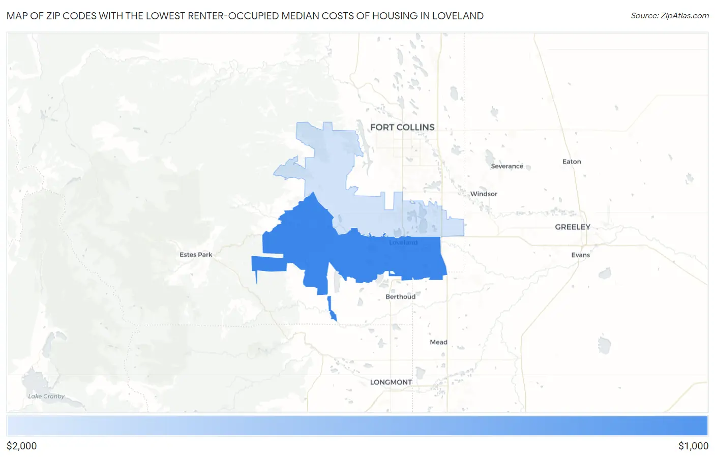 Zip Codes with the Lowest Renter-Occupied Median Costs of Housing in Loveland Map