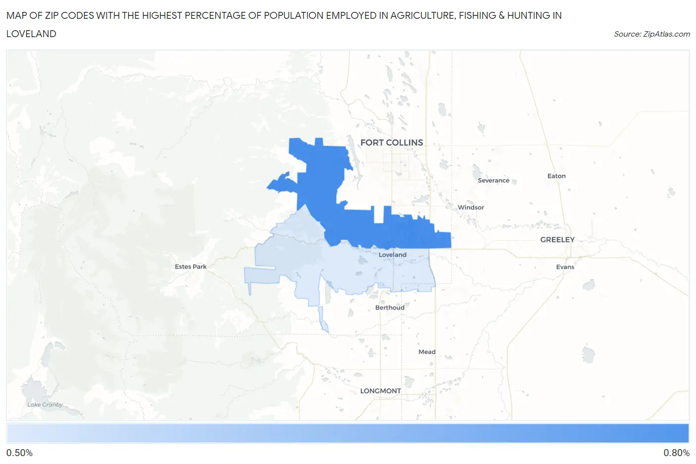 Zip Codes with the Highest Percentage of Population Employed in Agriculture, Fishing & Hunting in Loveland Map