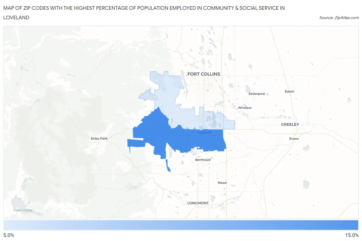Zip Codes with the Highest Percentage of Population Employed in Community & Social Service  in Loveland Map