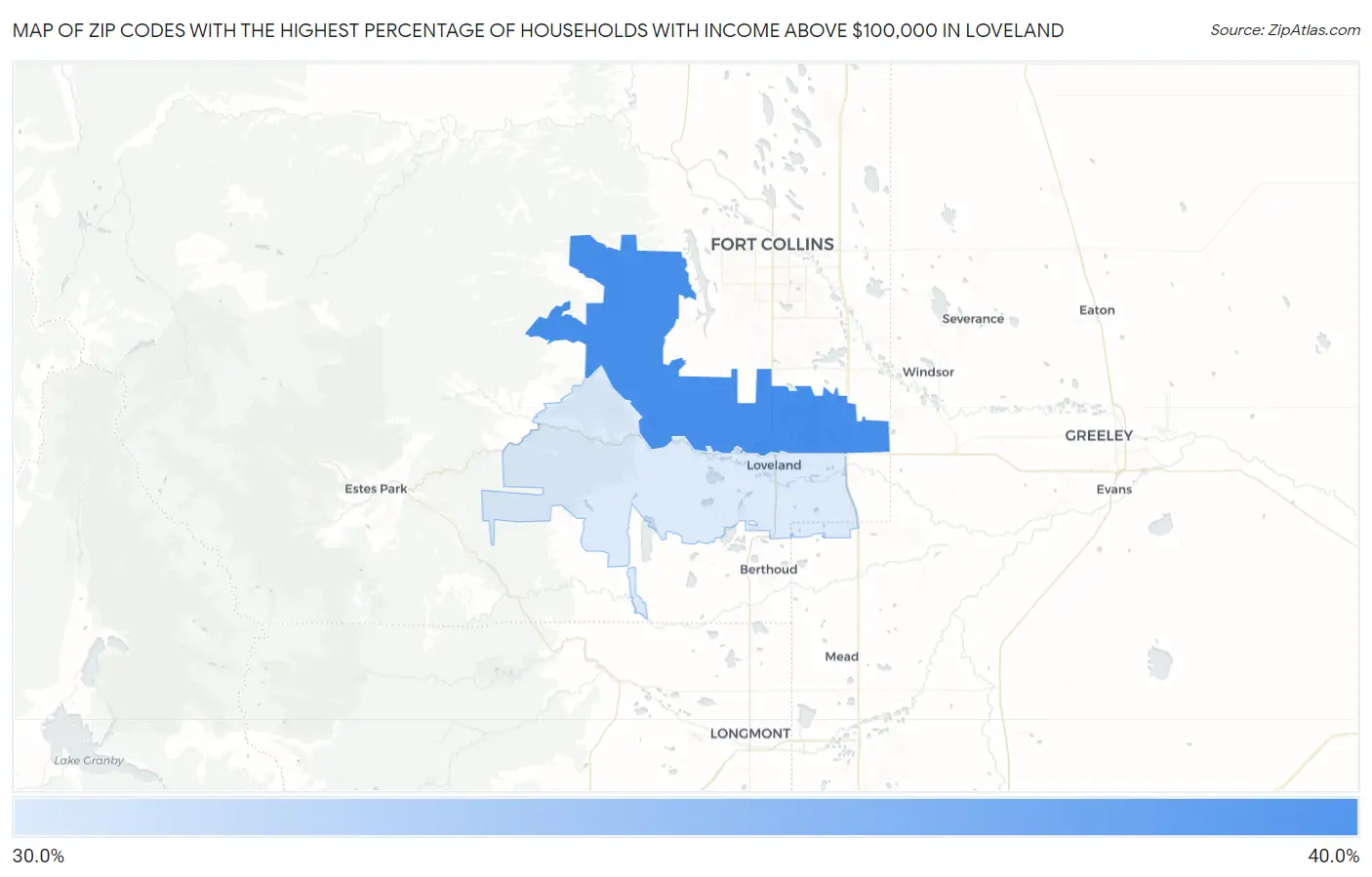Zip Codes with the Highest Percentage of Households with Income Above $100,000 in Loveland Map