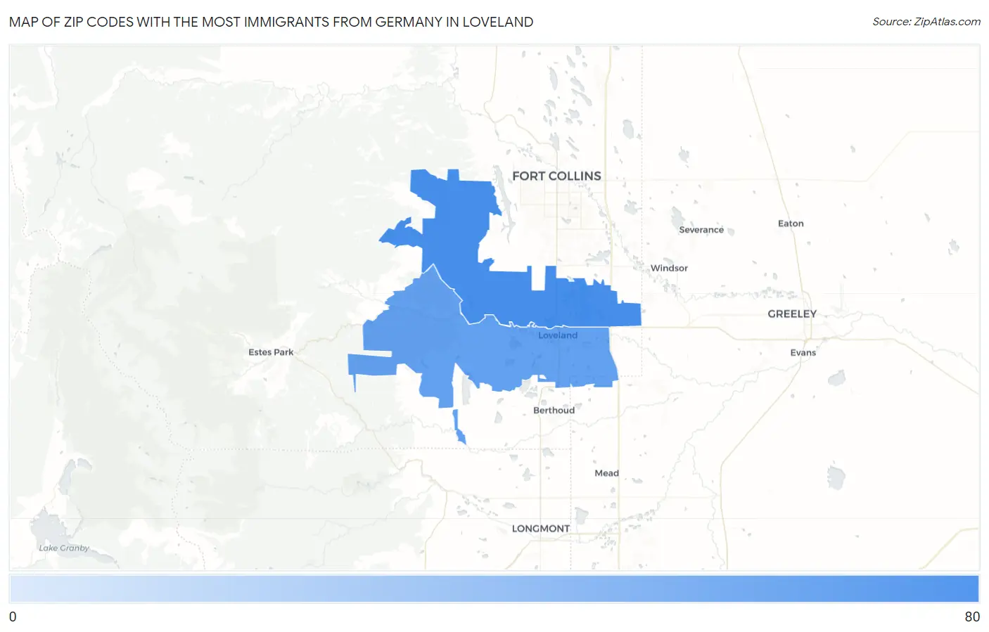 Zip Codes with the Most Immigrants from Germany in Loveland Map