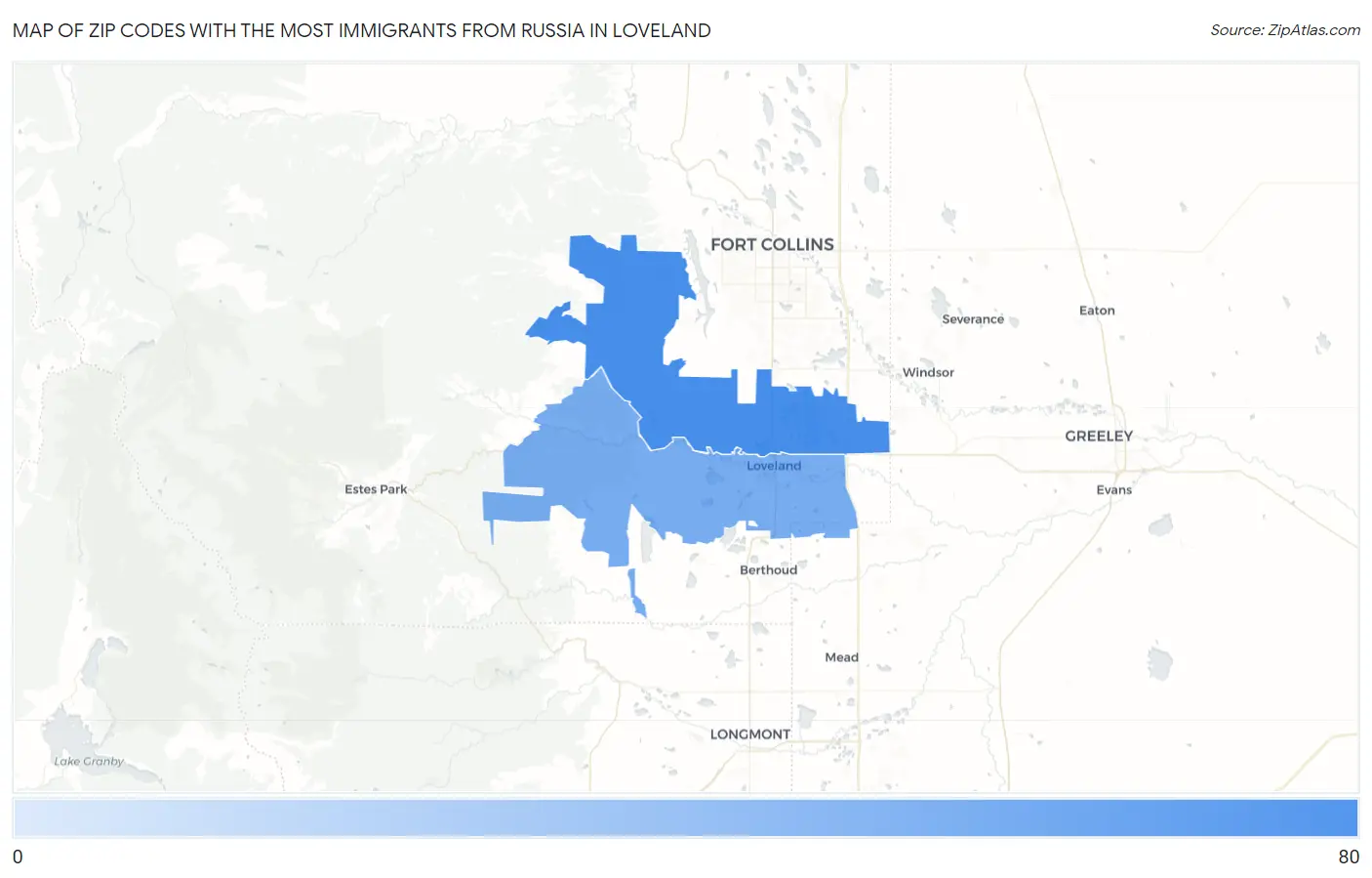 Zip Codes with the Most Immigrants from Russia in Loveland Map