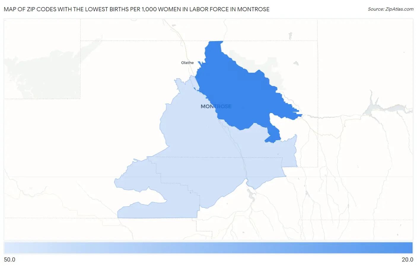 Zip Codes with the Lowest Births per 1,000 Women in Labor Force in Montrose Map