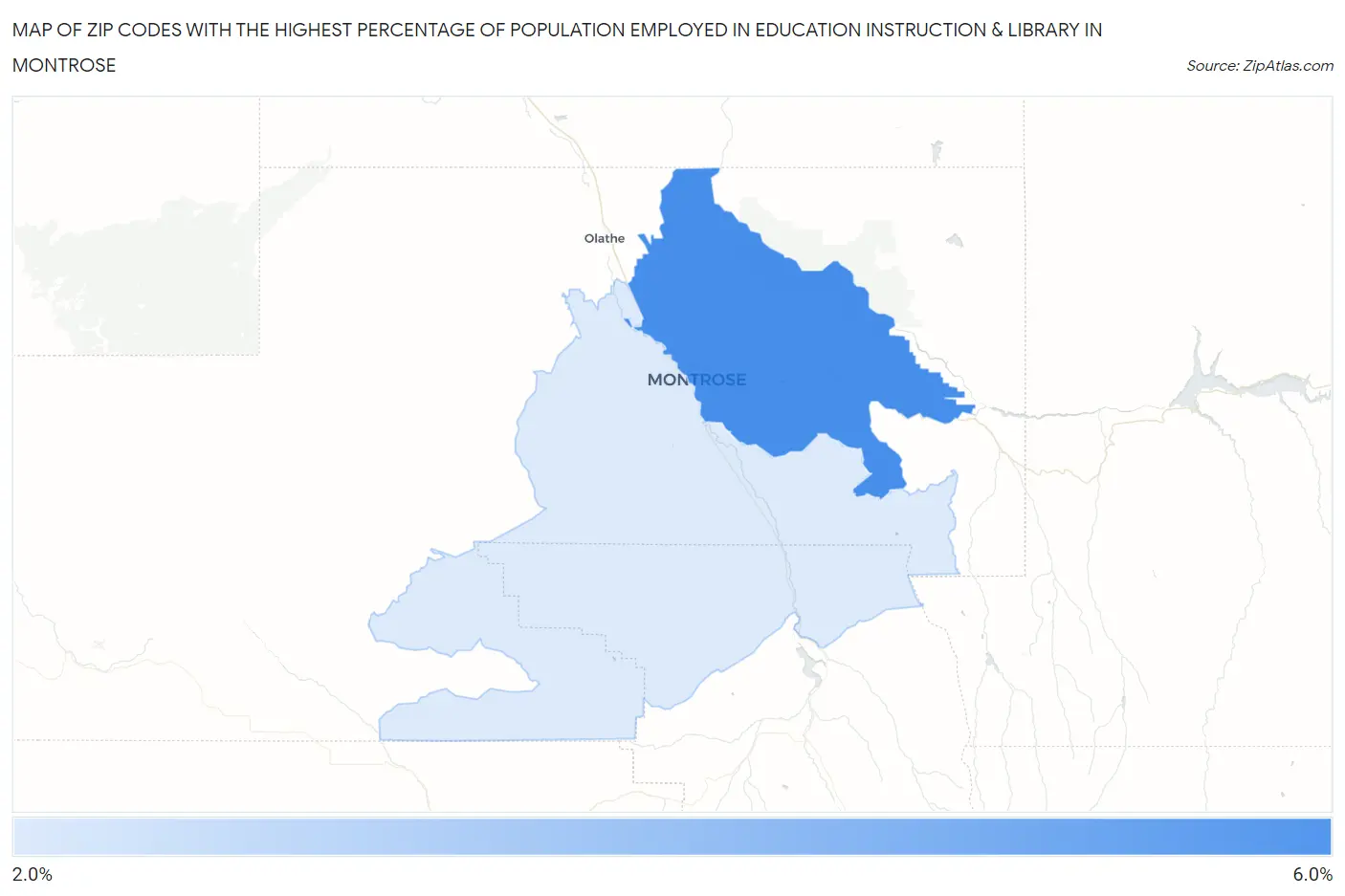 Zip Codes with the Highest Percentage of Population Employed in Education Instruction & Library in Montrose Map