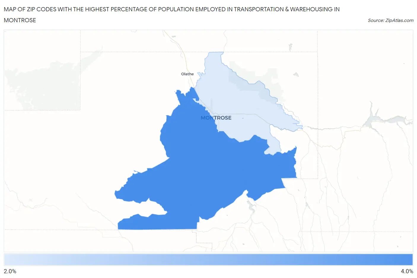 Zip Codes with the Highest Percentage of Population Employed in Transportation & Warehousing in Montrose Map