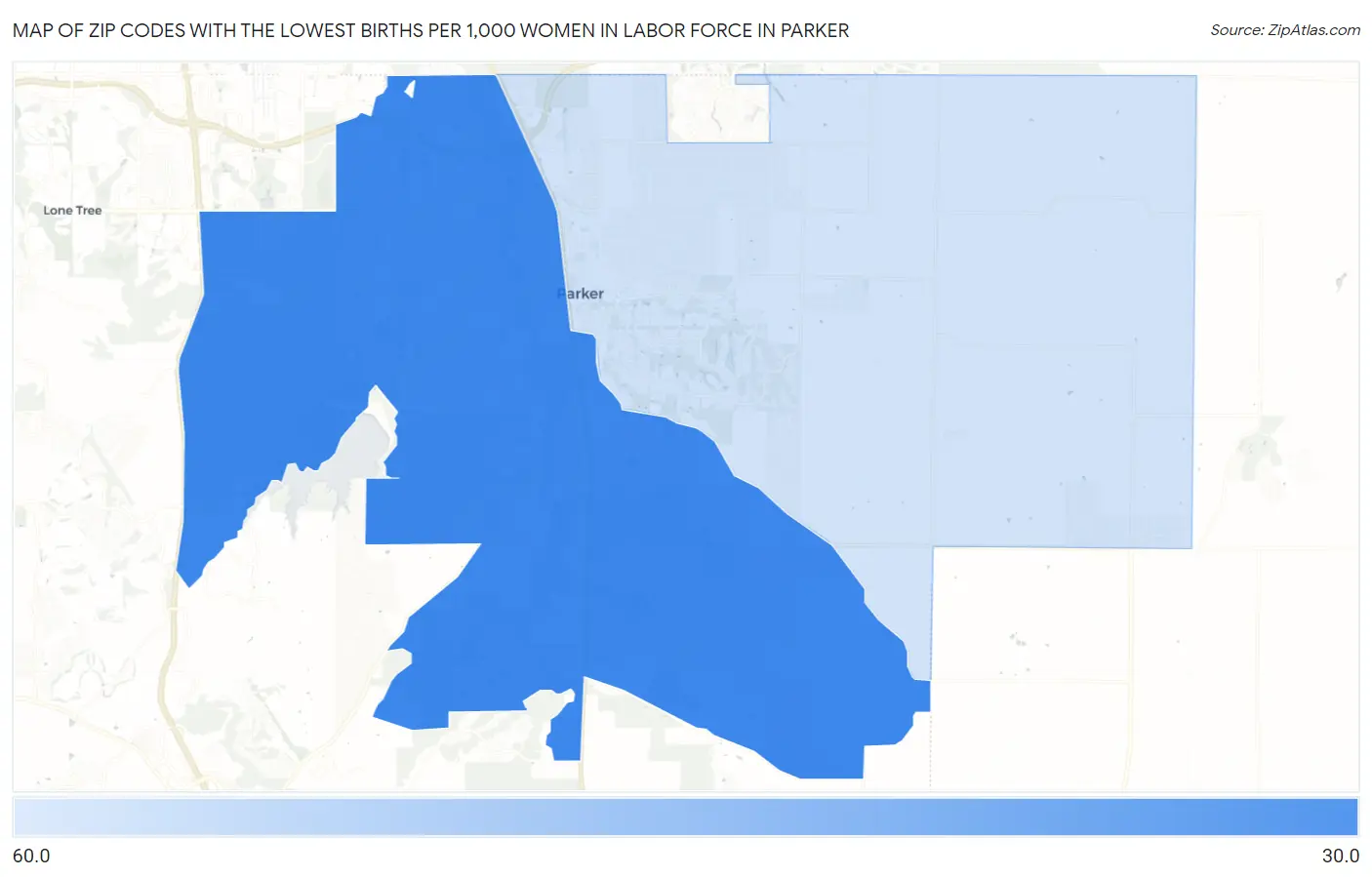 Zip Codes with the Lowest Births per 1,000 Women in Labor Force in Parker Map