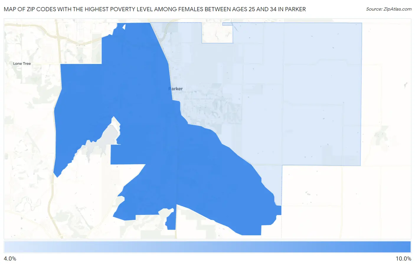 Zip Codes with the Highest Poverty Level Among Females Between Ages 25 and 34 in Parker Map