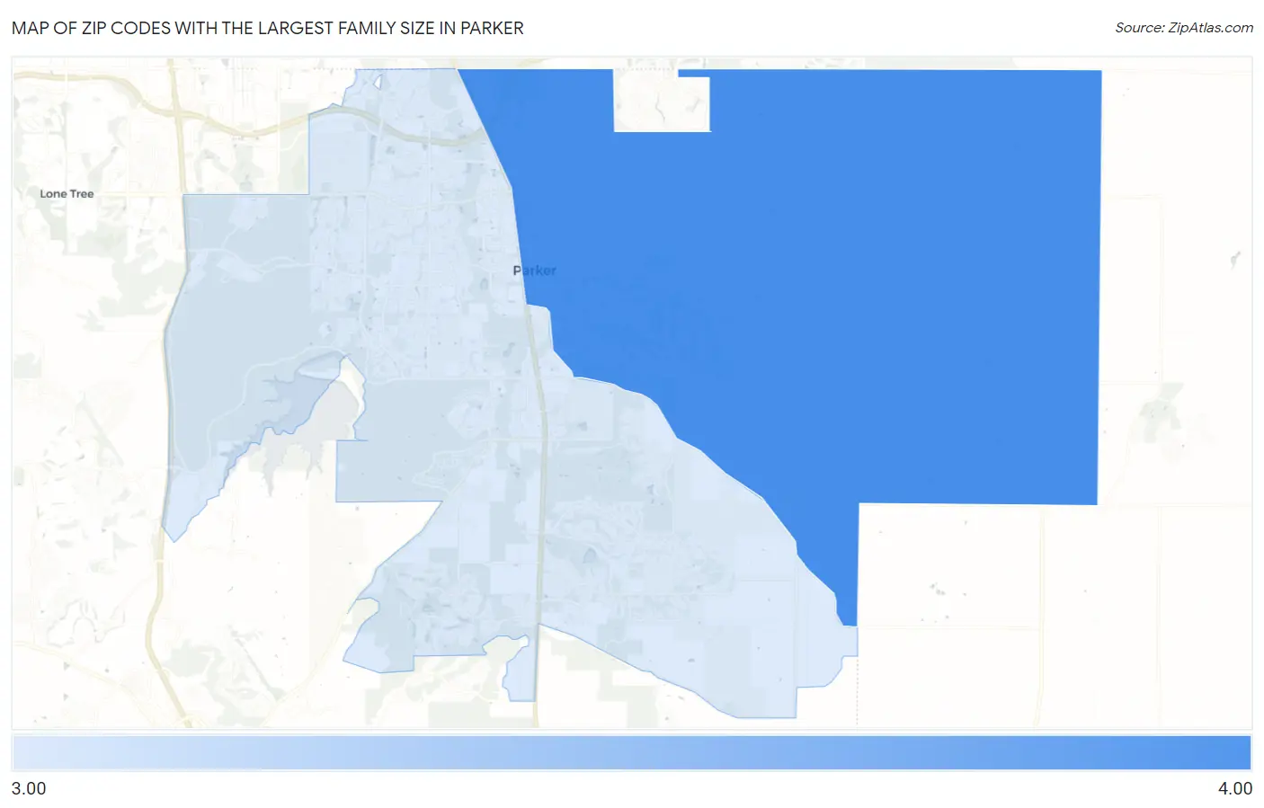 Zip Codes with the Largest Family Size in Parker Map