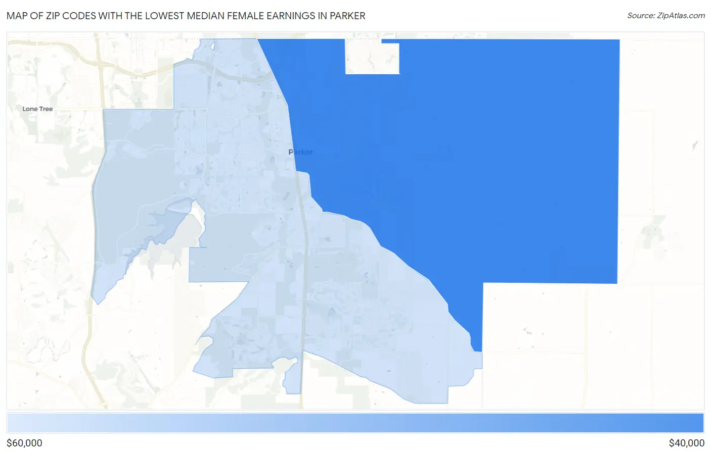 Zip Codes with the Lowest Median Female Earnings in Parker Map