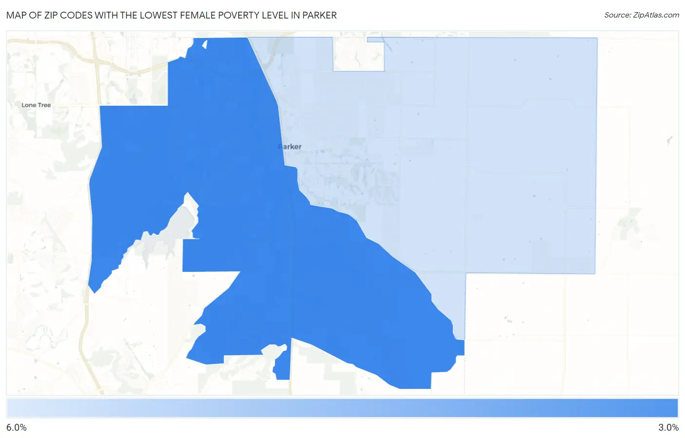 Zip Codes with the Lowest Female Poverty Level in Parker Map