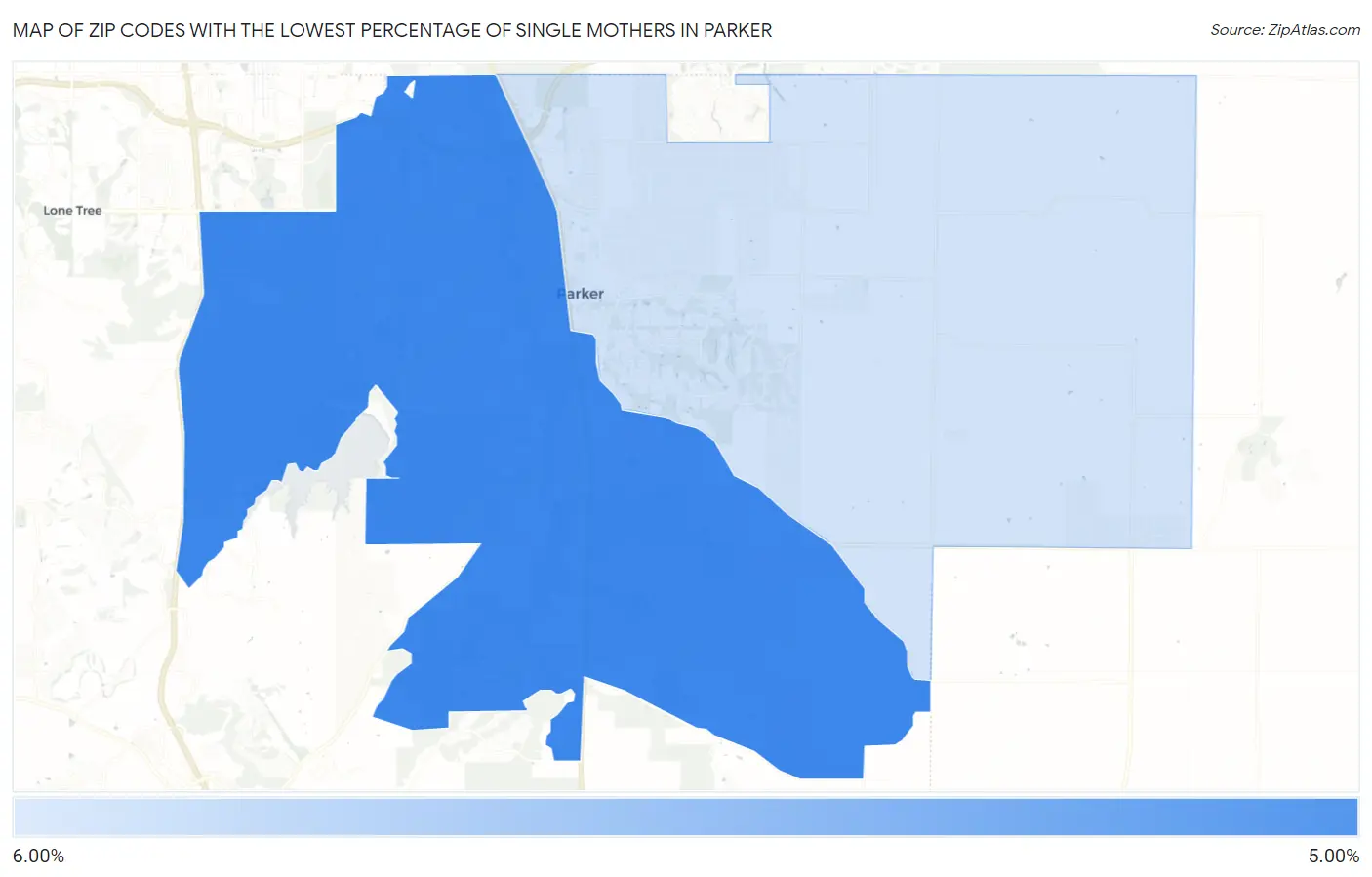 Zip Codes with the Lowest Percentage of Single Mothers in Parker Map