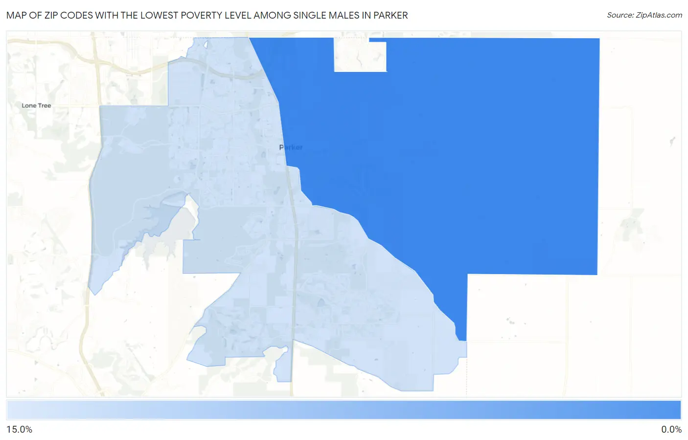 Zip Codes with the Lowest Poverty Level Among Single Males in Parker Map