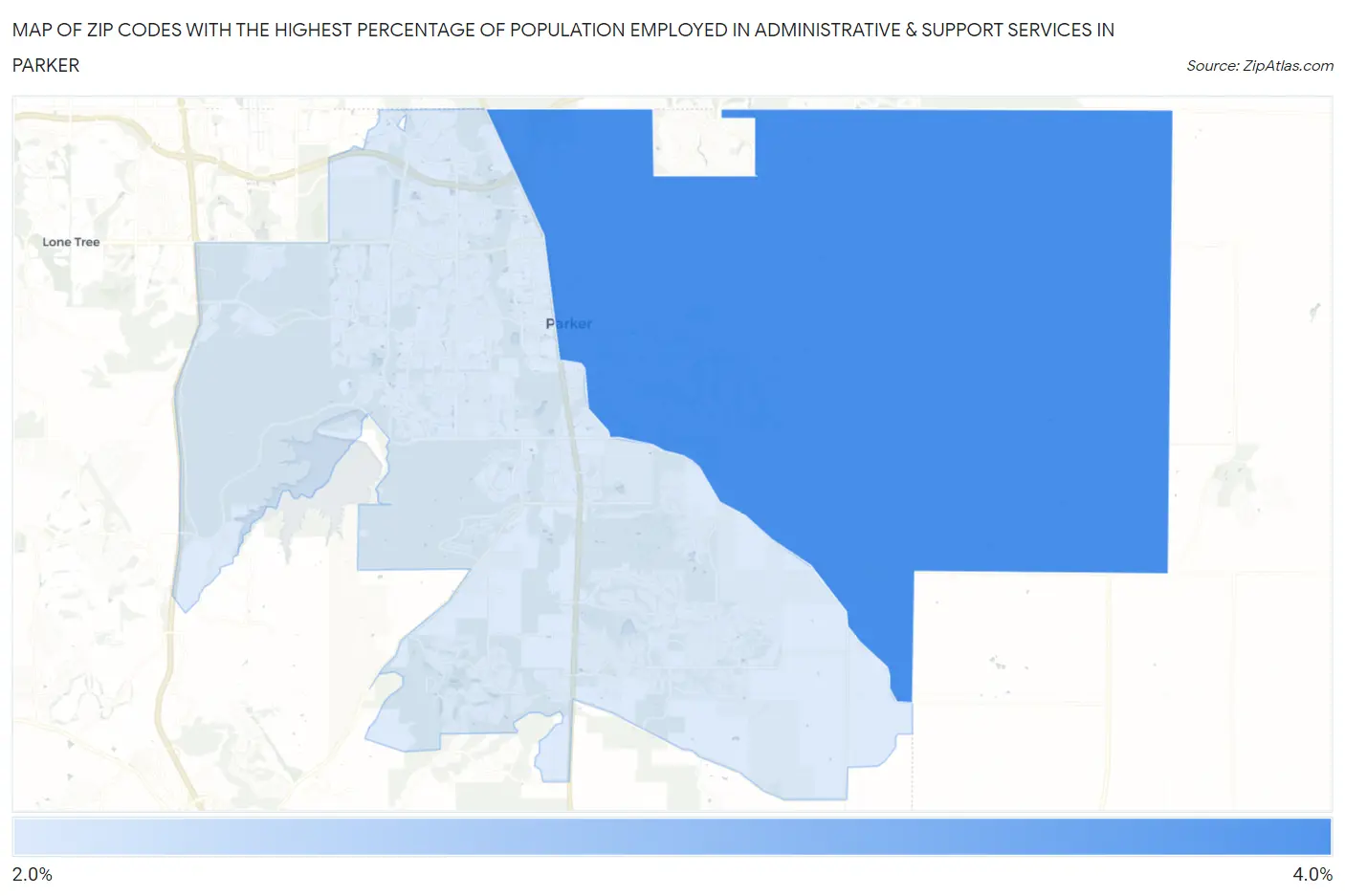 Zip Codes with the Highest Percentage of Population Employed in Administrative & Support Services in Parker Map