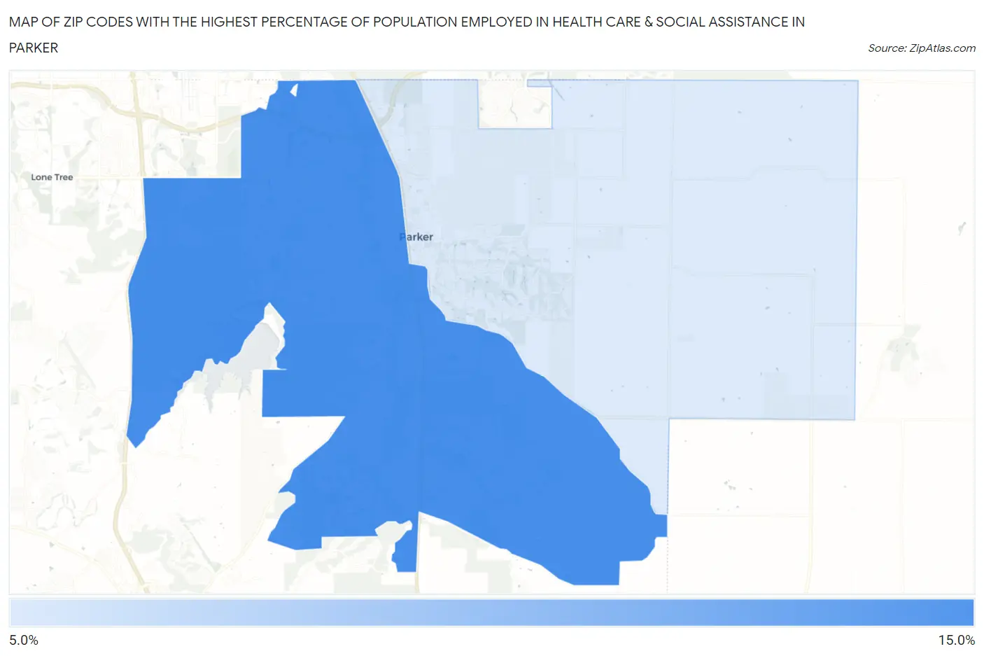 Zip Codes with the Highest Percentage of Population Employed in Health Care & Social Assistance in Parker Map