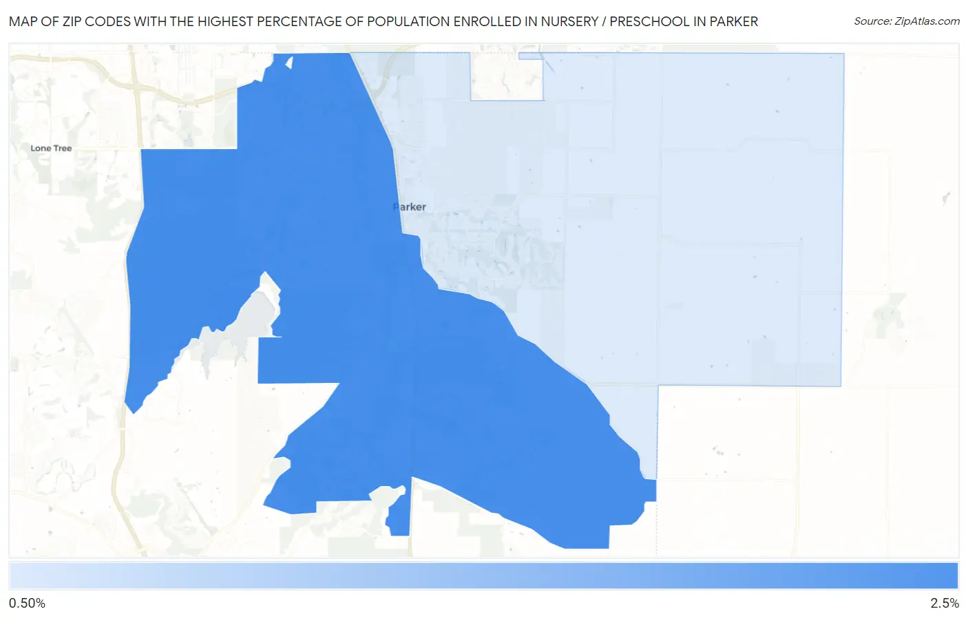 Zip Codes with the Highest Percentage of Population Enrolled in Nursery / Preschool in Parker Map