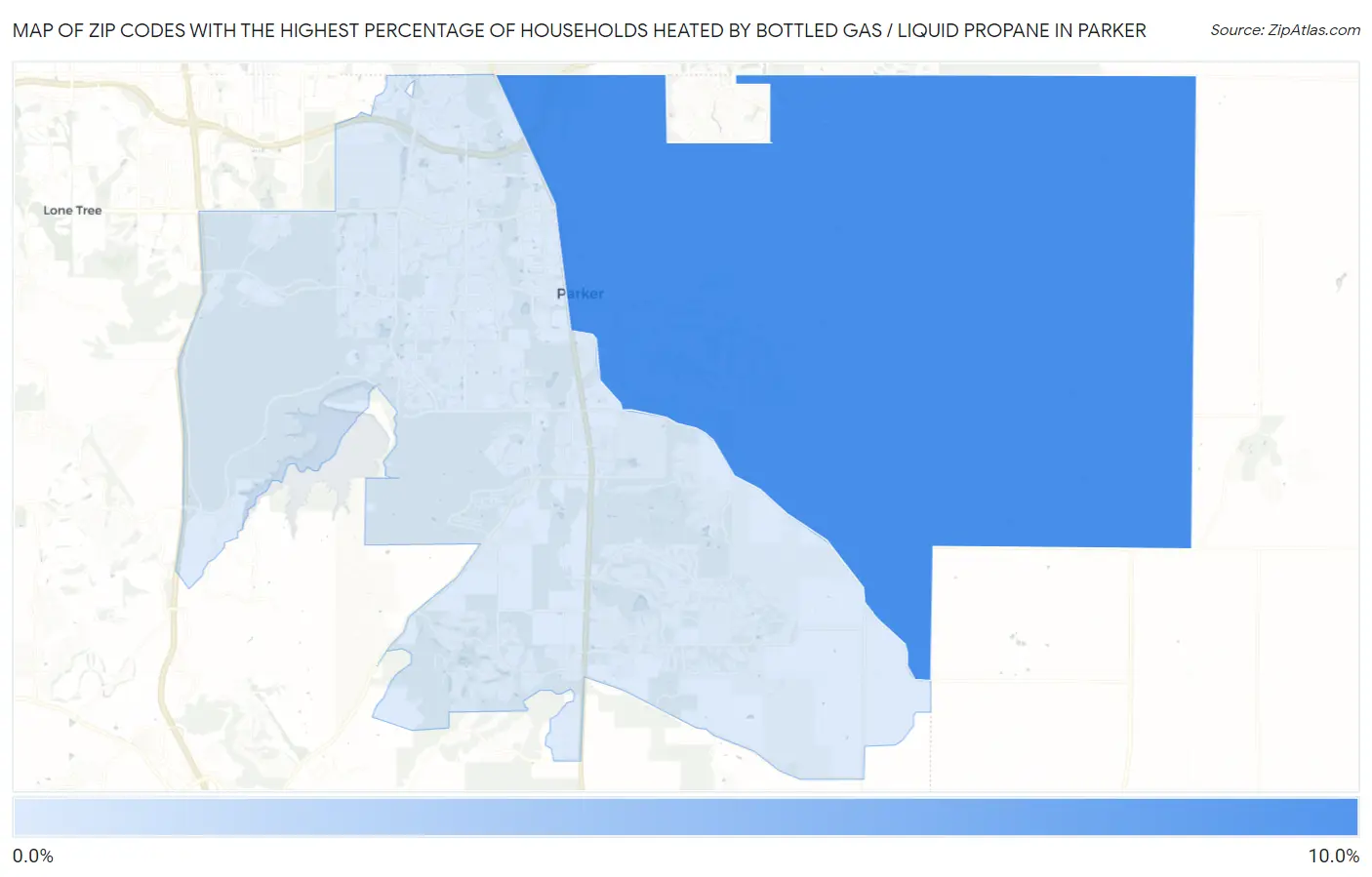 Zip Codes with the Highest Percentage of Households Heated by Bottled Gas / Liquid Propane in Parker Map