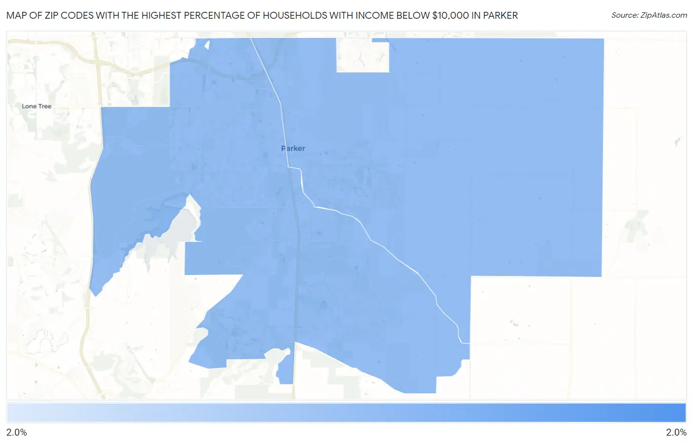 Zip Codes with the Highest Percentage of Households with Income Below $10,000 in Parker Map