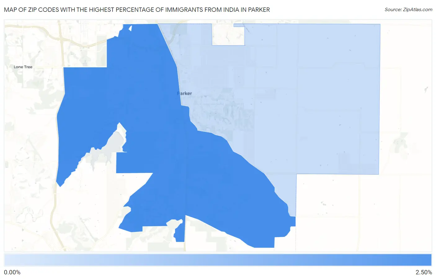 Zip Codes with the Highest Percentage of Immigrants from India in Parker Map