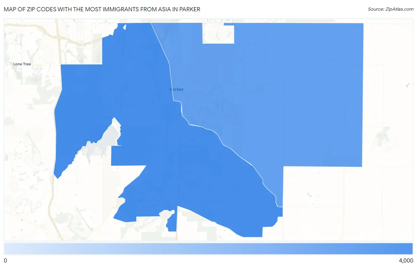 Zip Codes with the Most Immigrants from Asia in Parker Map