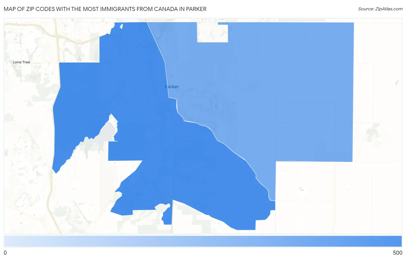 Zip Codes with the Most Immigrants from Canada in Parker Map