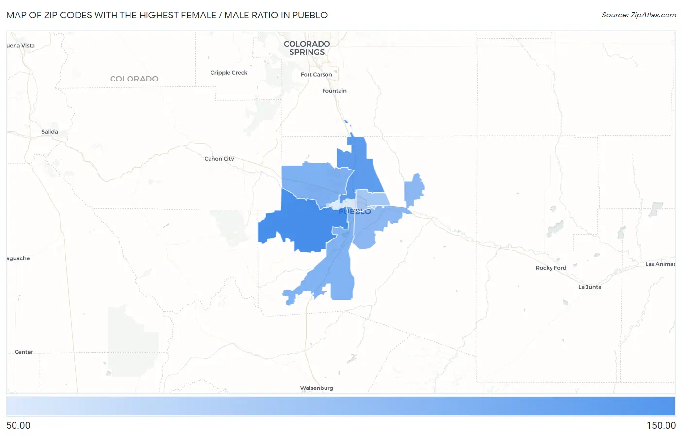Zip Codes with the Highest Female / Male Ratio in Pueblo Map
