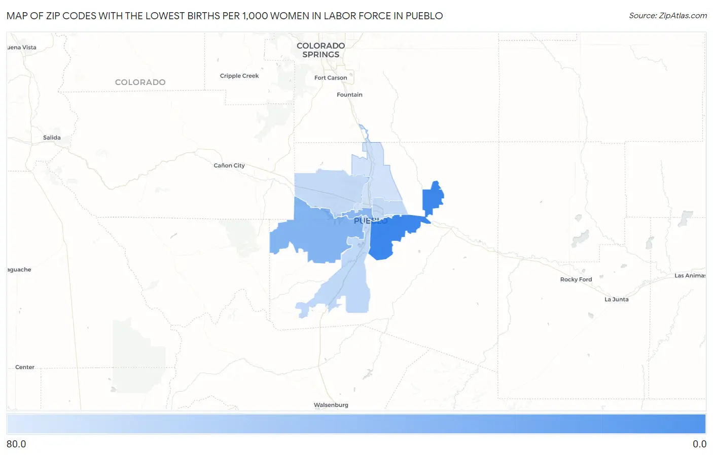 Zip Codes with the Lowest Births per 1,000 Women in Labor Force in Pueblo Map