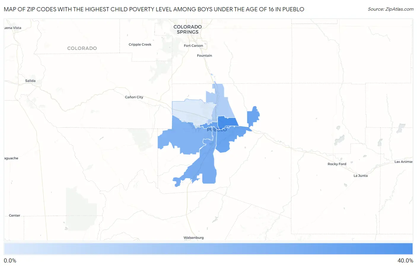 Zip Codes with the Highest Child Poverty Level Among Boys Under the Age of 16 in Pueblo Map