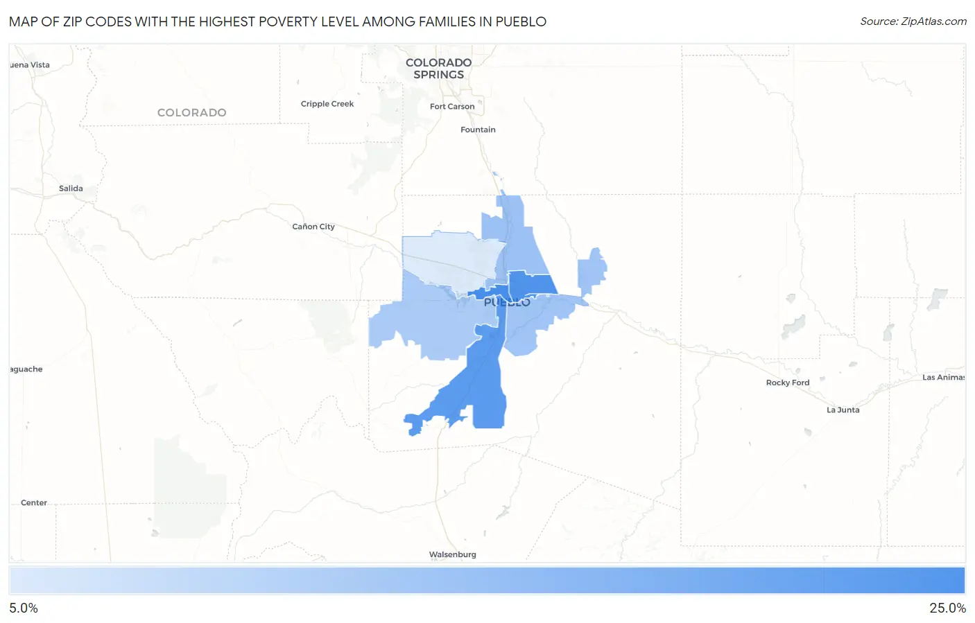 Zip Codes with the Highest Poverty Level Among Families in Pueblo Map