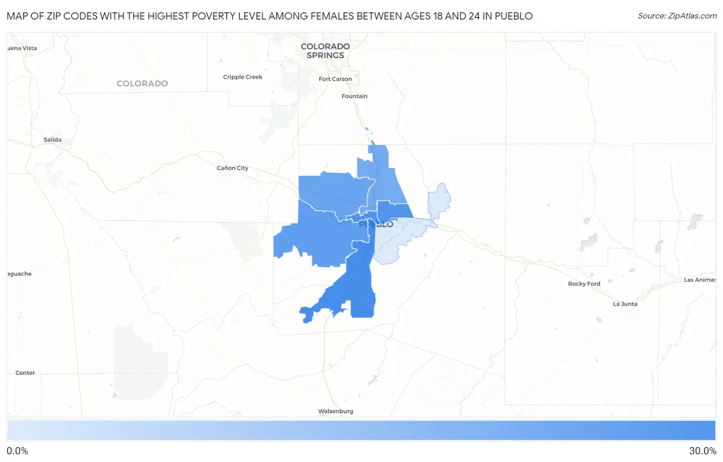 Zip Codes with the Highest Poverty Level Among Females Between Ages 18 and 24 in Pueblo Map
