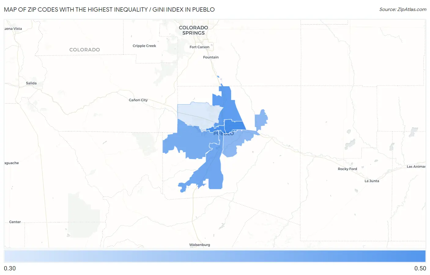 Zip Codes with the Highest Inequality / Gini Index in Pueblo Map