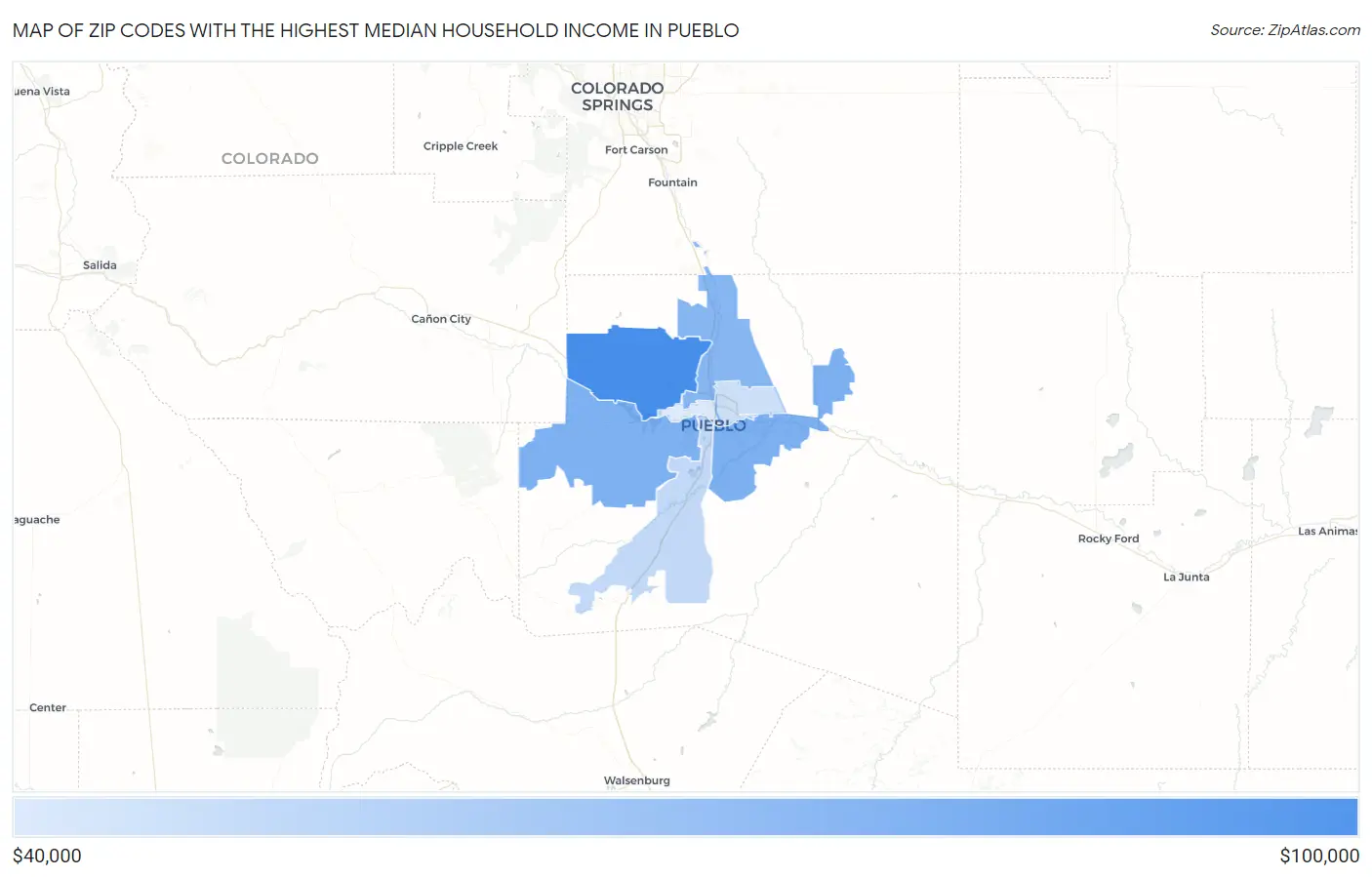 Zip Codes with the Highest Median Household Income in Pueblo Map