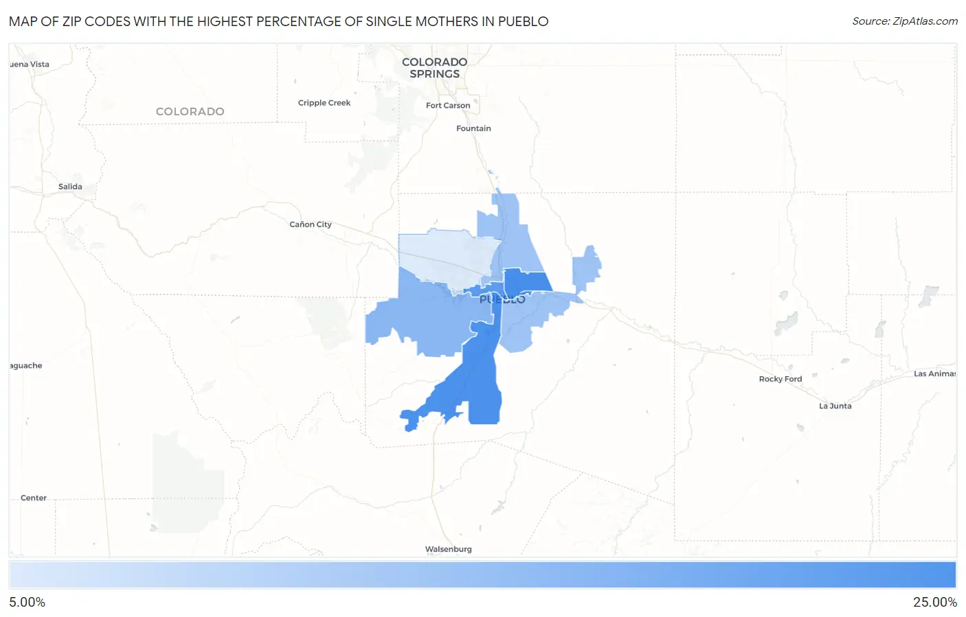 Zip Codes with the Highest Percentage of Single Mothers in Pueblo Map