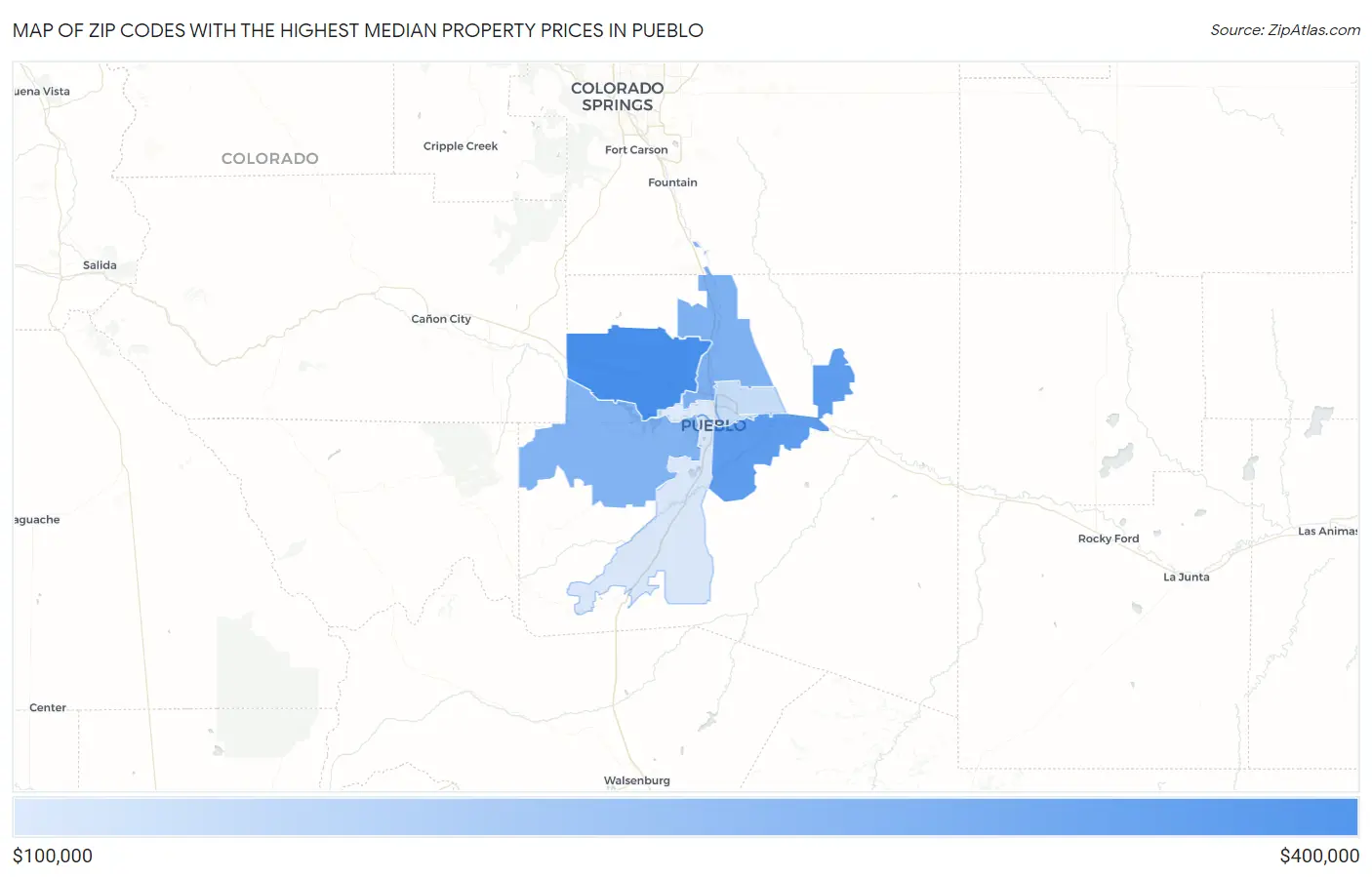 Zip Codes with the Highest Median Property Prices in Pueblo Map