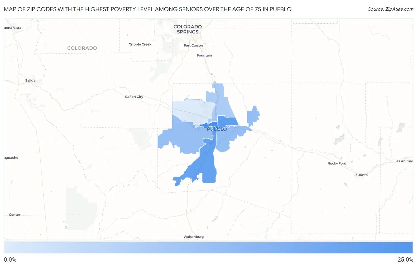 Zip Codes with the Highest Poverty Level Among Seniors Over the Age of 75 in Pueblo Map