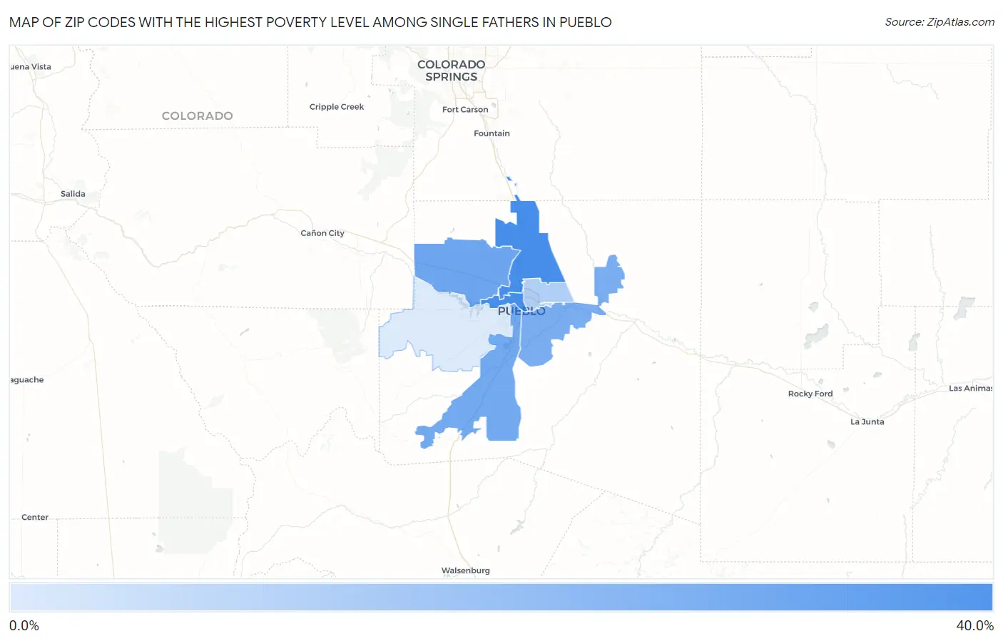 Zip Codes with the Highest Poverty Level Among Single Fathers in Pueblo Map