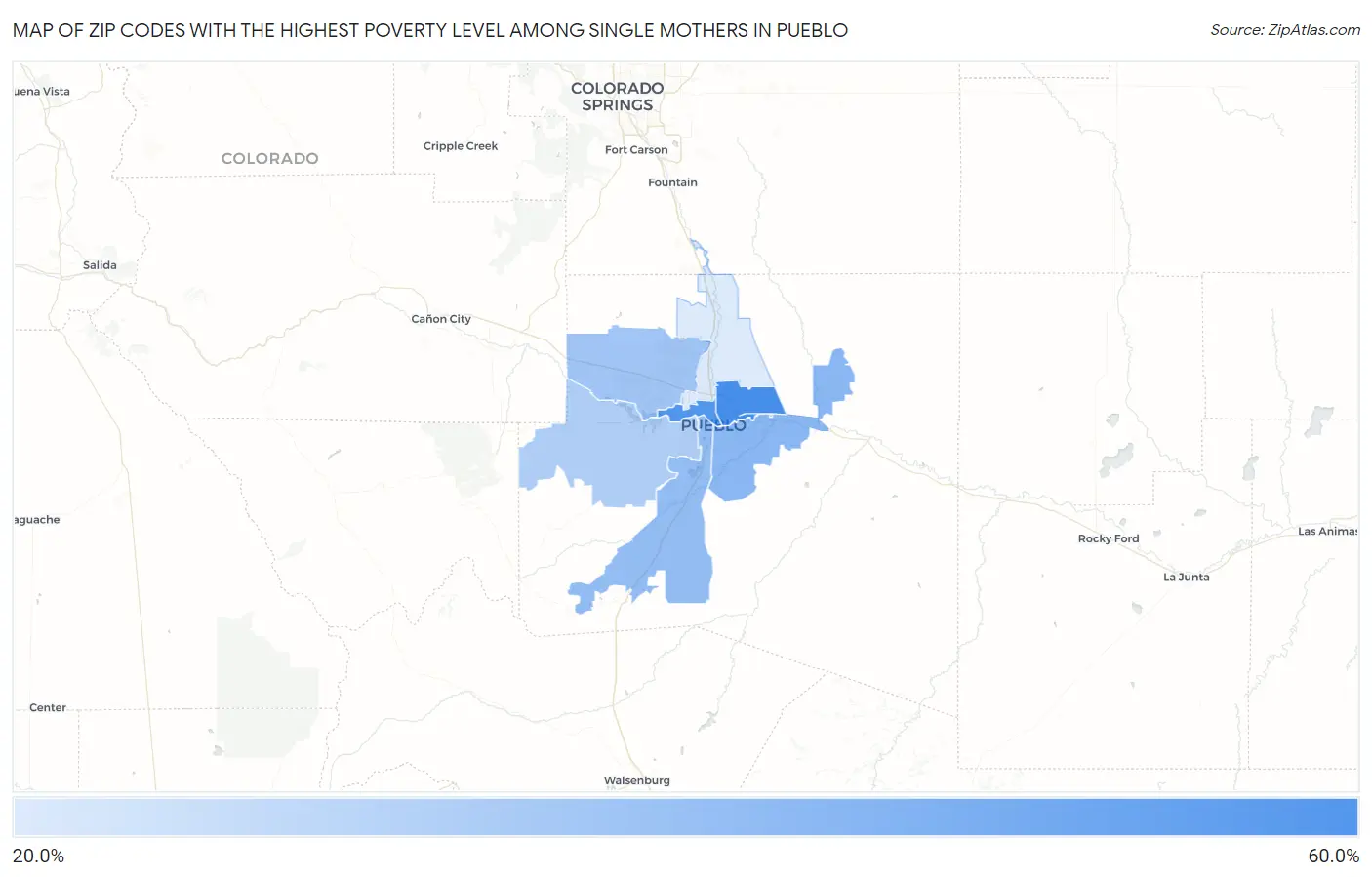 Zip Codes with the Highest Poverty Level Among Single Mothers in Pueblo Map