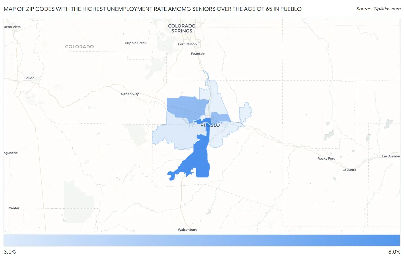 Zip Codes with the Highest Unemployment Rate Amomg Seniors Over the Age of 65 in Pueblo Map
