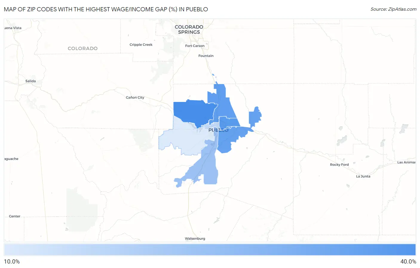 Zip Codes with the Highest Wage/Income Gap (%) in Pueblo Map