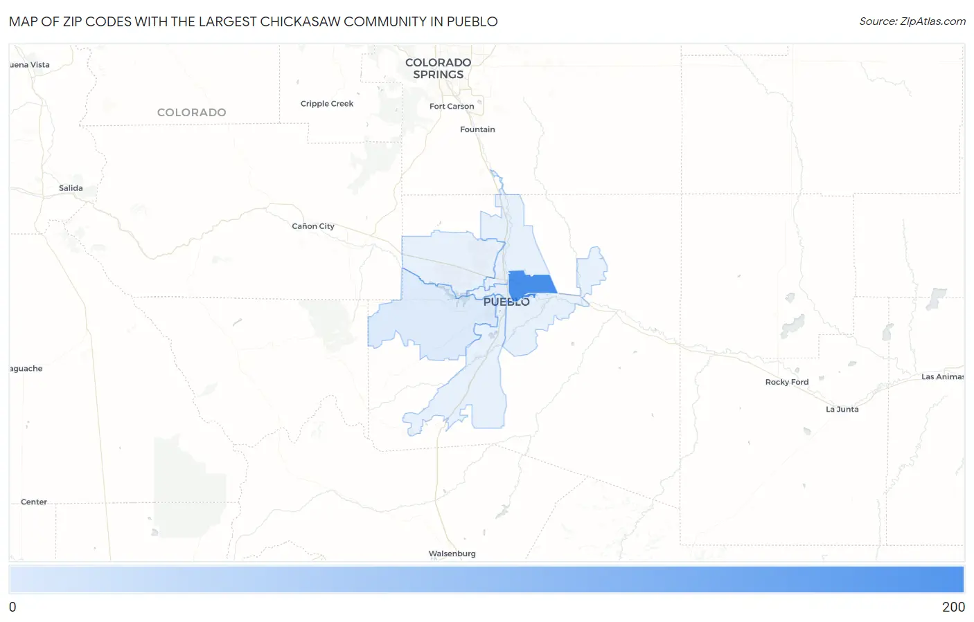 Zip Codes with the Largest Chickasaw Community in Pueblo Map
