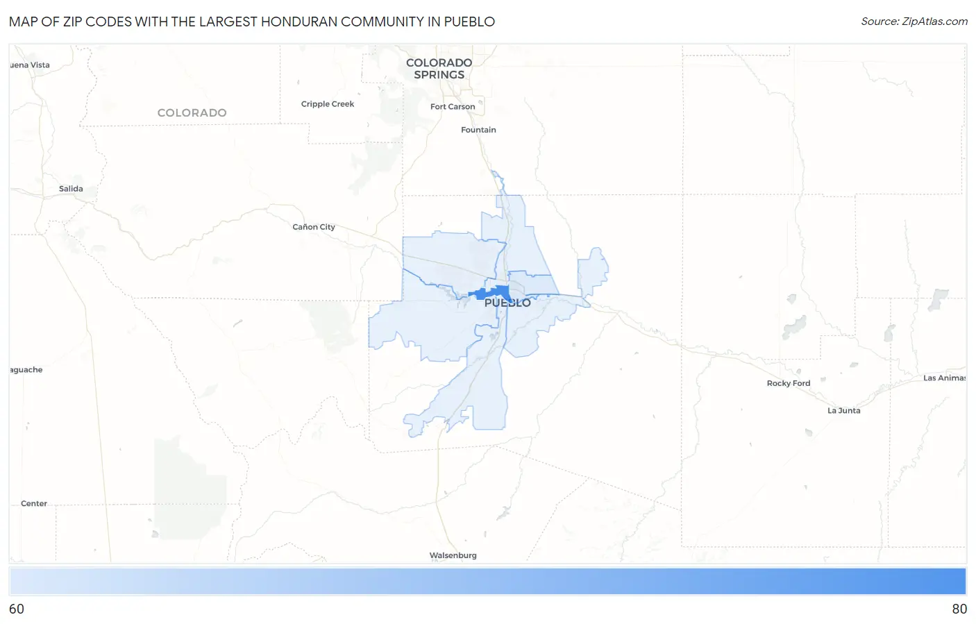 Zip Codes with the Largest Honduran Community in Pueblo Map
