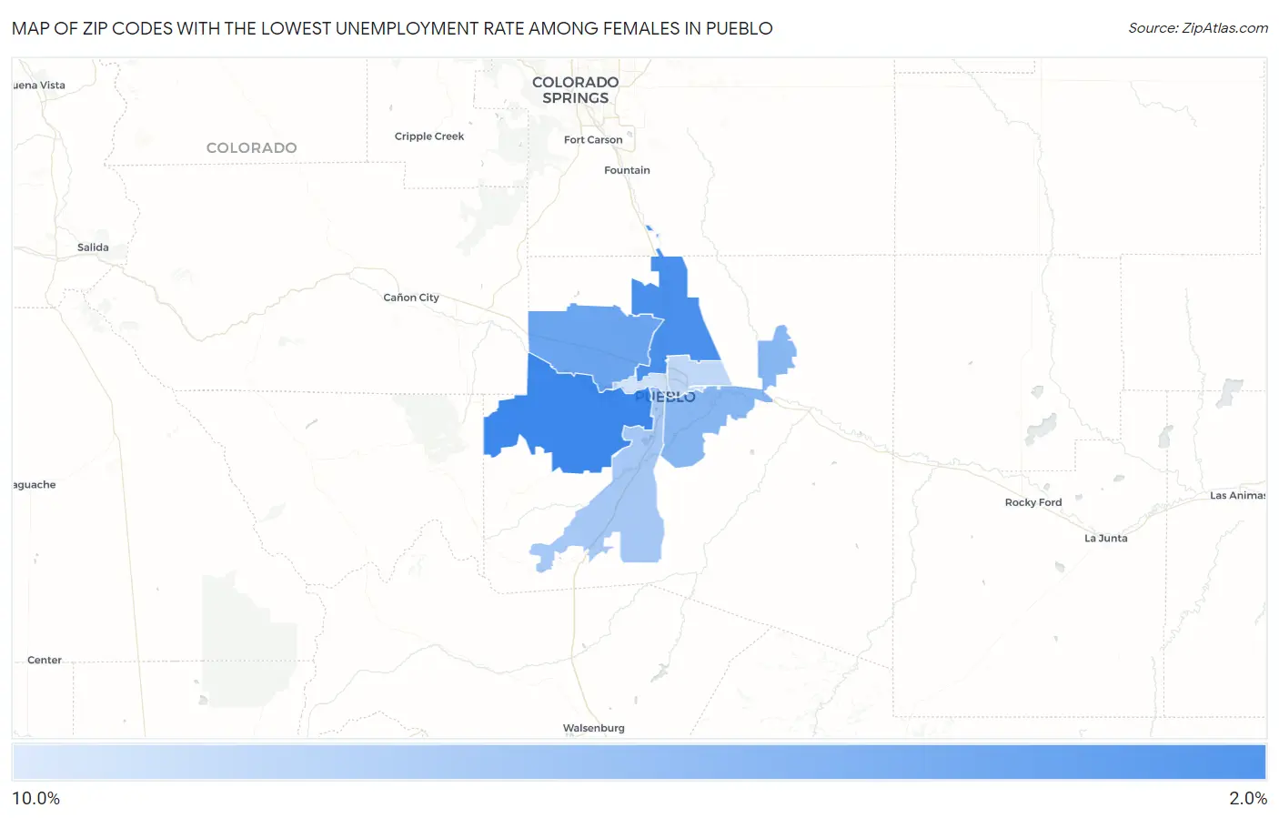 Zip Codes with the Lowest Unemployment Rate Among Females in Pueblo Map