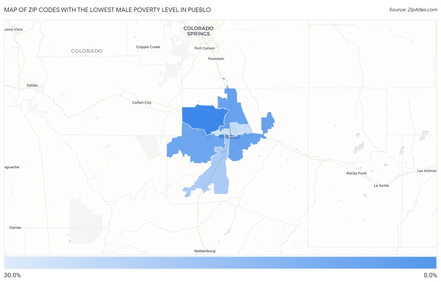 Zip Codes with the Lowest Male Poverty Level in Pueblo Map