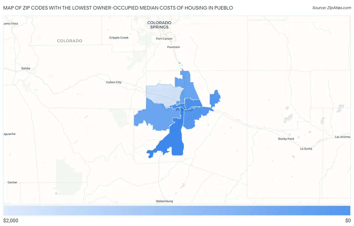 Zip Codes with the Lowest Owner-Occupied Median Costs of Housing in Pueblo Map