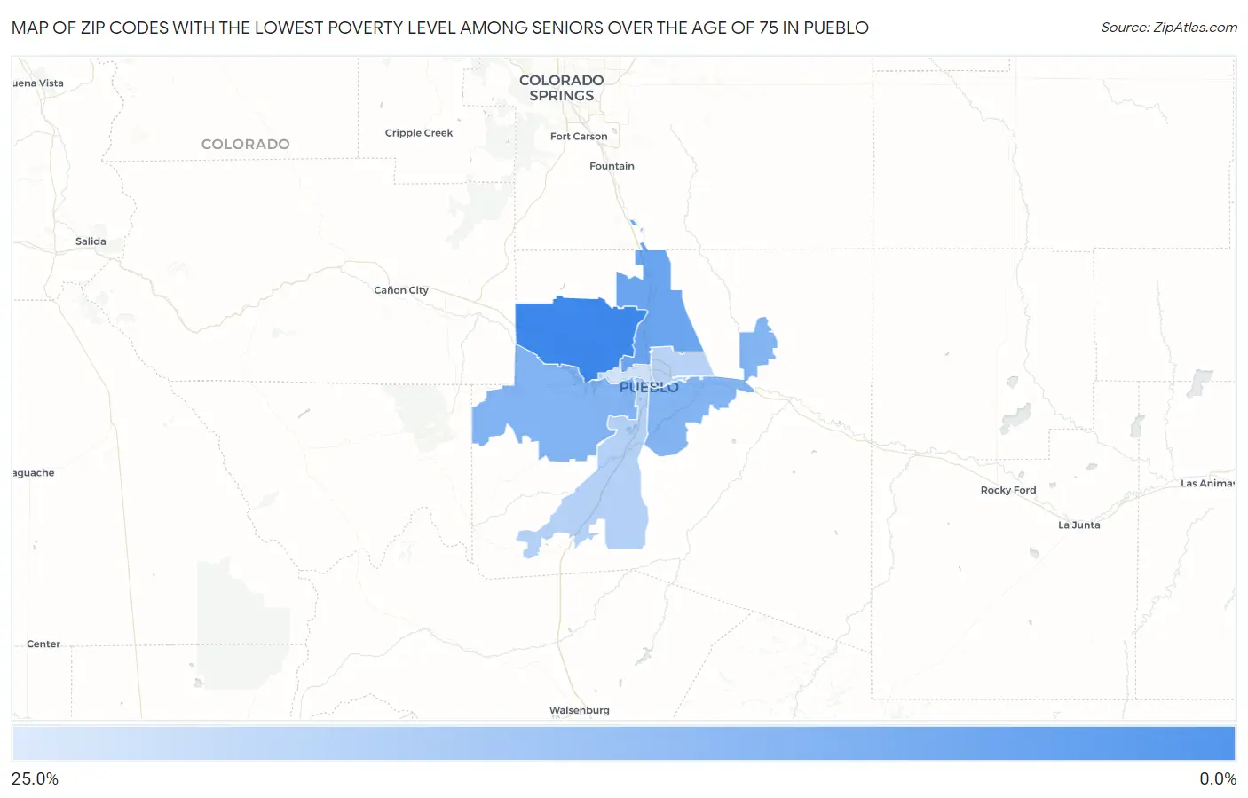 Zip Codes with the Lowest Poverty Level Among Seniors Over the Age of 75 in Pueblo Map