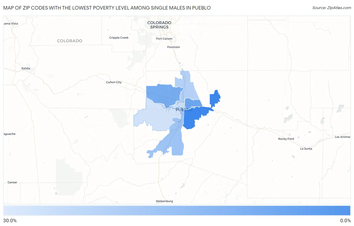 Zip Codes with the Lowest Poverty Level Among Single Males in Pueblo Map