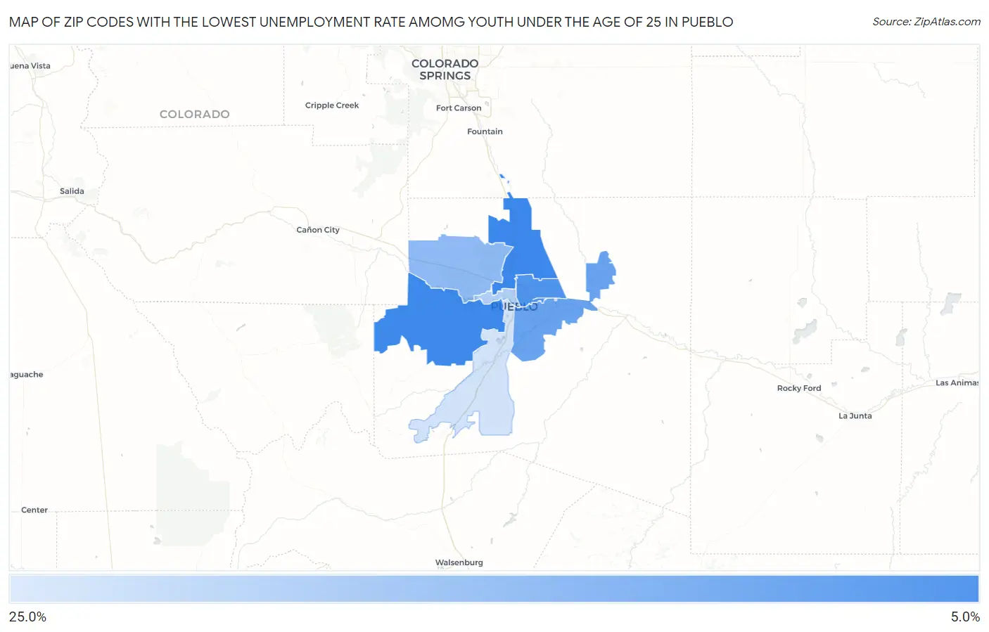 Zip Codes with the Lowest Unemployment Rate Amomg Youth Under the Age of 25 in Pueblo Map