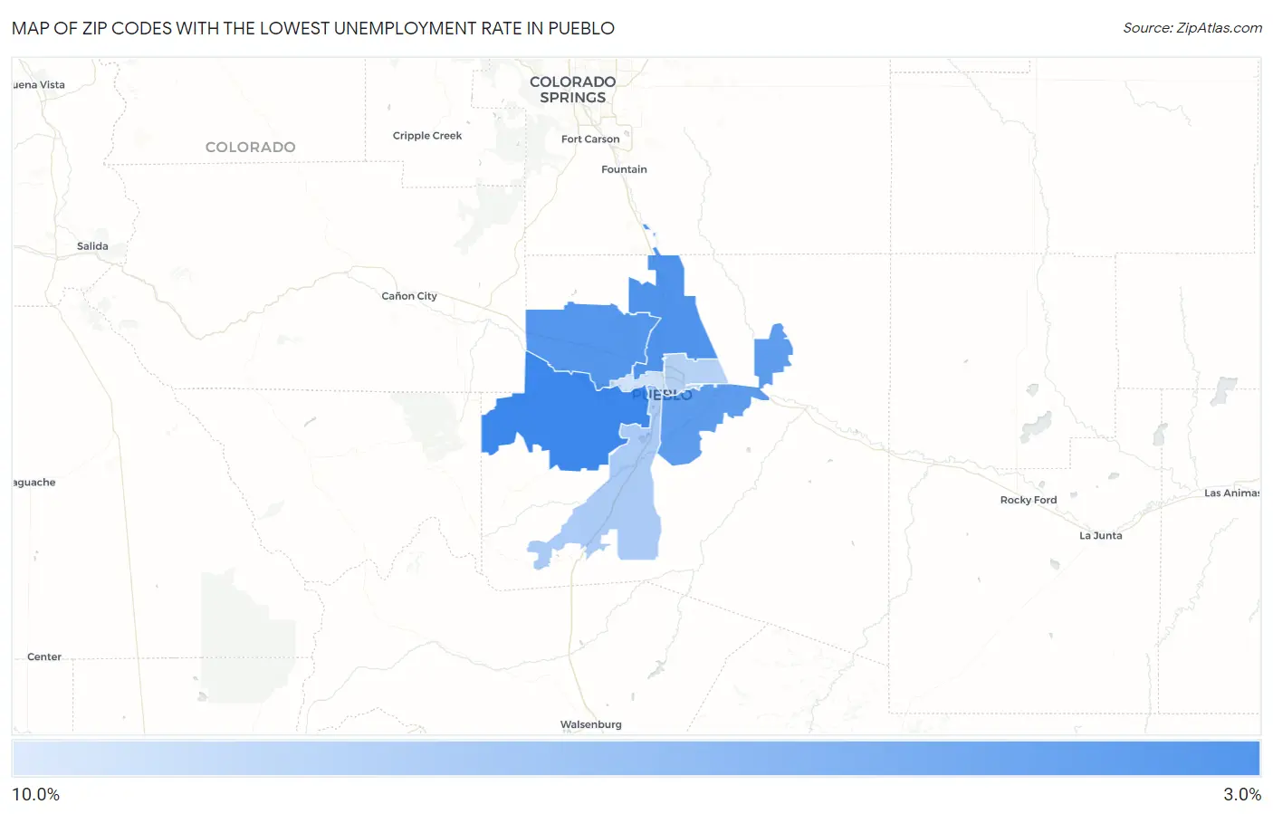 Zip Codes with the Lowest Unemployment Rate in Pueblo Map