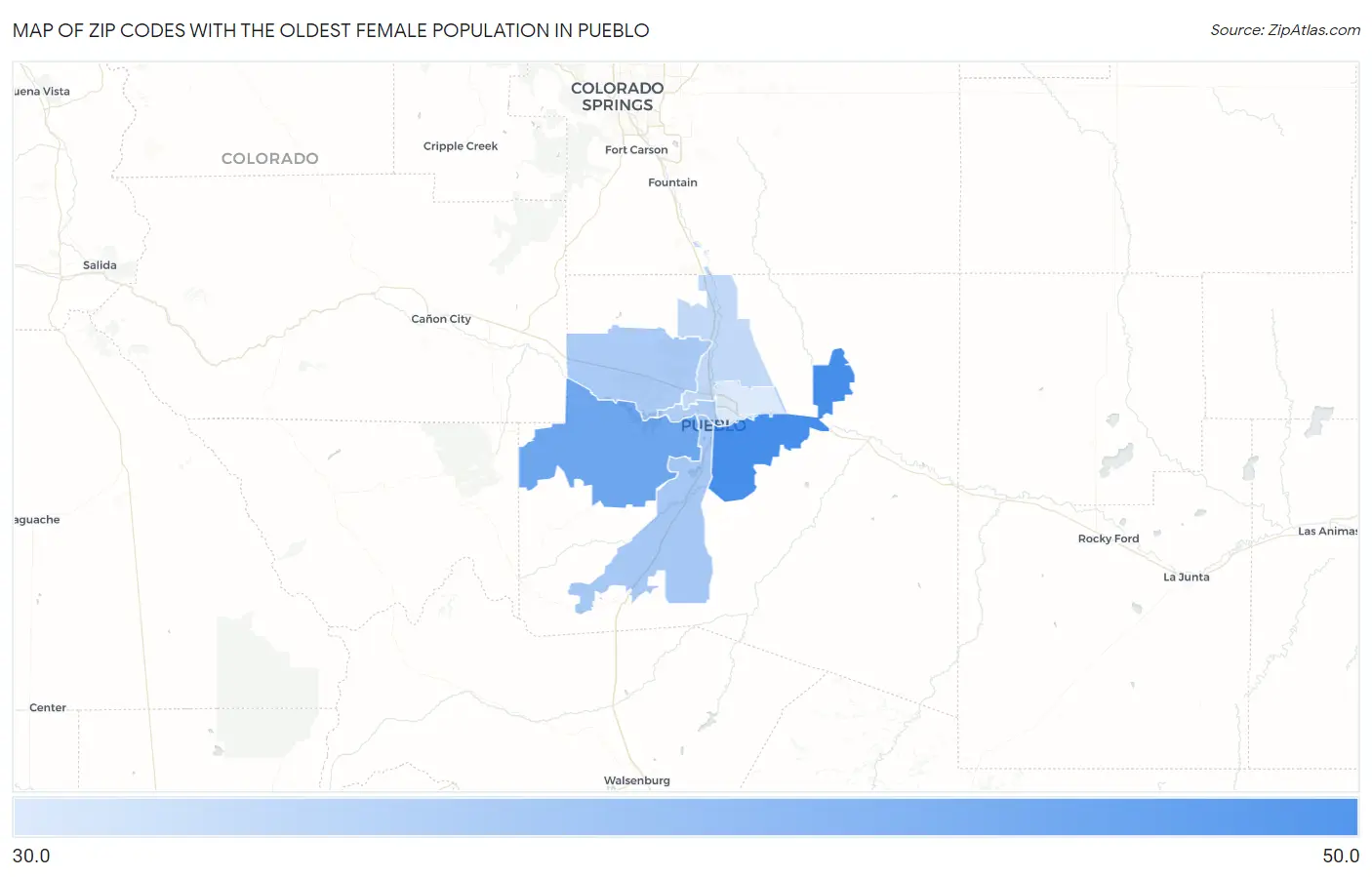 Zip Codes with the Oldest Female Population in Pueblo Map